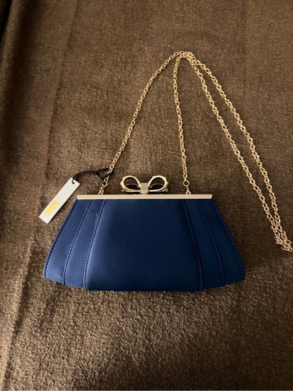 Kate Laundry NWT Navy Satin Clutch with Gold Bow Frame